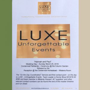 LUXE Wedding Information - Time Line, Run sheet